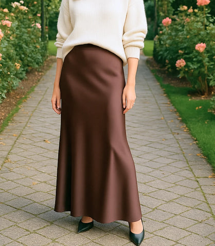 Comprar saia longa de cetim feminina marrom sereia elegante para eventos, looks casuais e sofisticados em promoção ZARA
