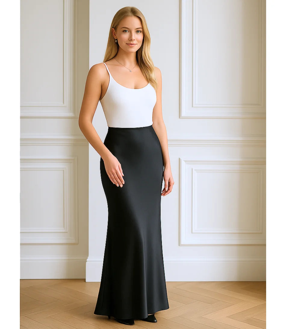 Comprar saia longa de cetim feminina preto sereia elegante para eventos, looks casuais e sofisticados em promoção ZARA
