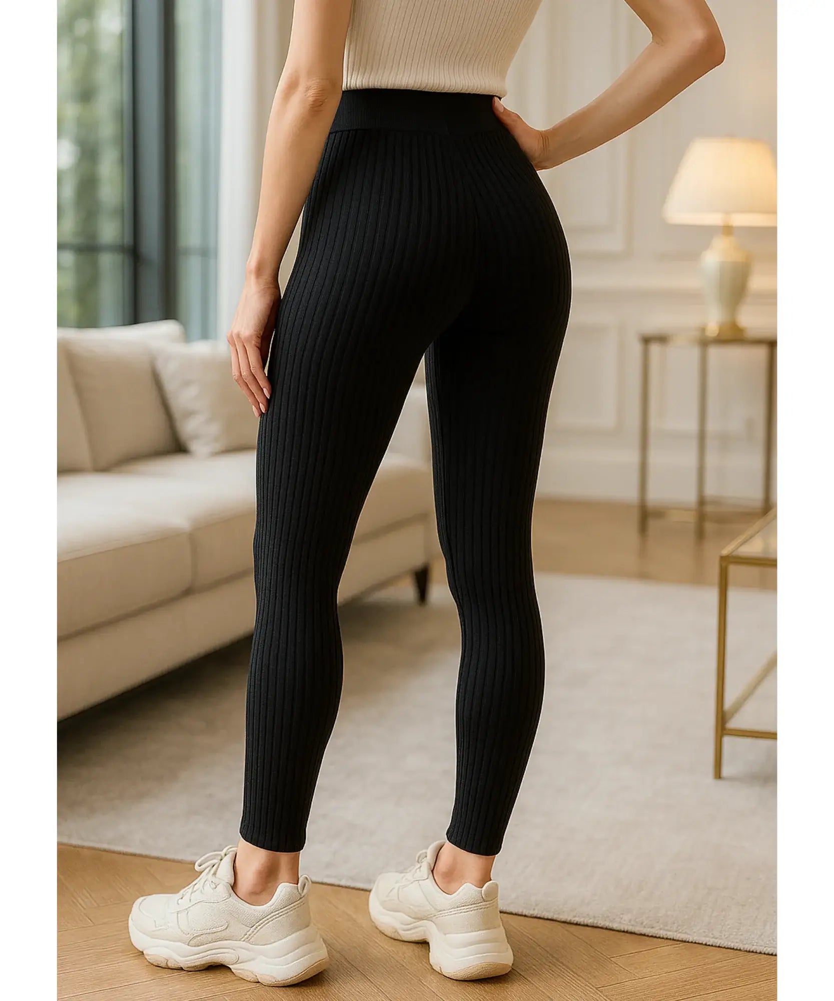 Comprar Calça feminina tricot canelada cintura alta confortável casual inverno barato ou em promoção