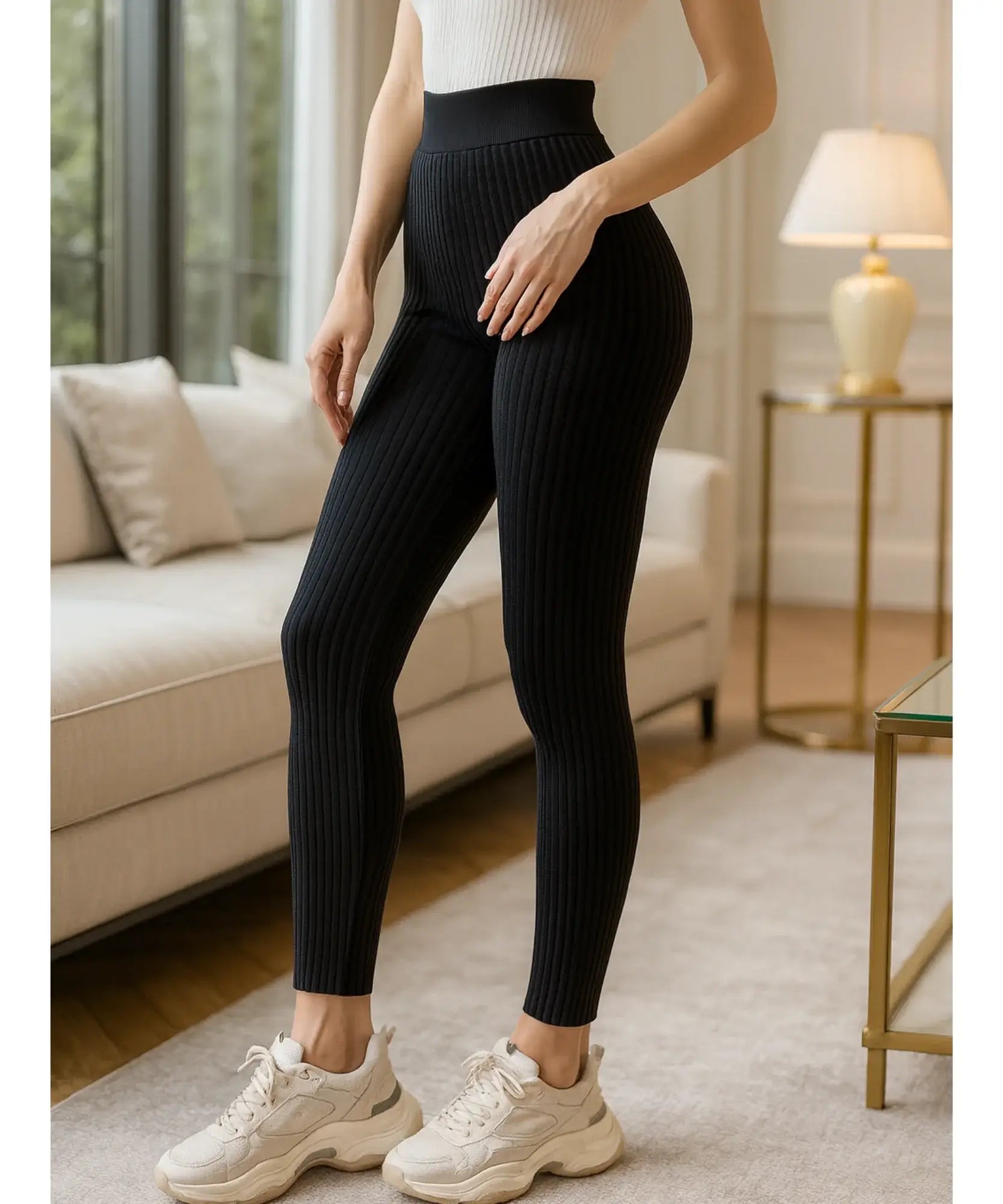 Comprar Calça feminina tricot canelada cintura alta confortável casual inverno barato ou em promoção