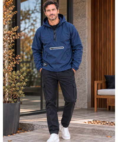 Comprar anorak masculino com capuz modelagem solta azul marinho em promoção Anellimn