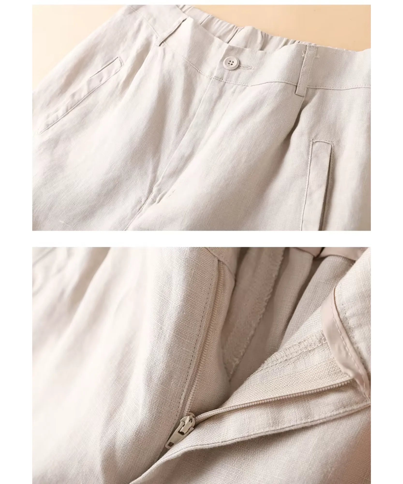 Detalhe do cos, do bolso lateral e da barra da bermuda feminina de linho na cor off white cru