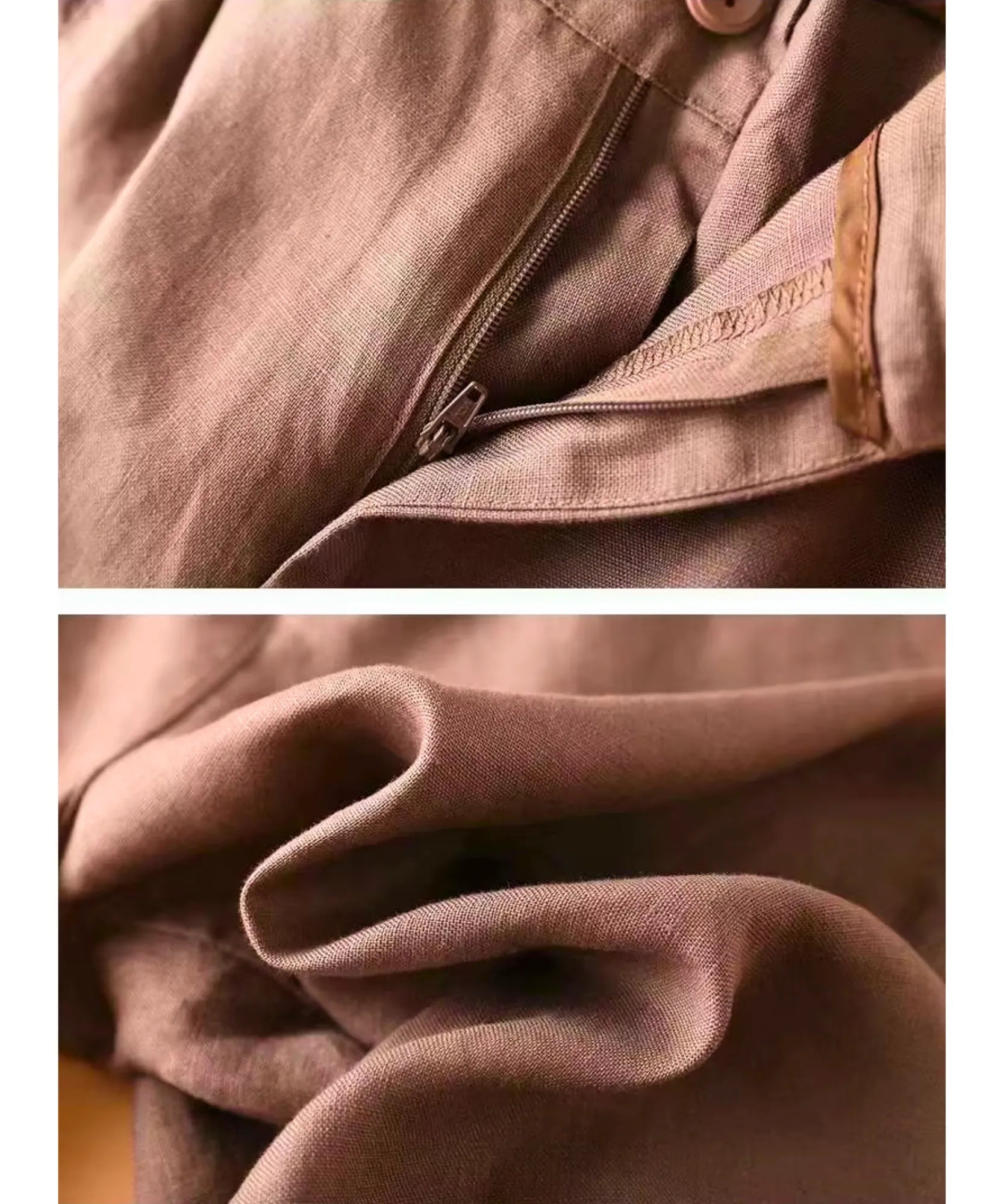 Detalhe do tecido de linho e do ziper da bermuda feminina Nanna na cor marrom rosado