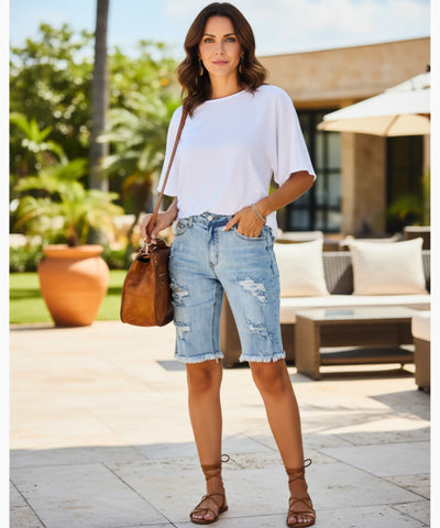 Bermuda Jeans Feminina Destroyed Barra Desfiada Casual | Emi