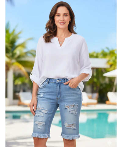 Bermuda Jeans Feminina Destroyed Barra Desfiada Casual | Emi