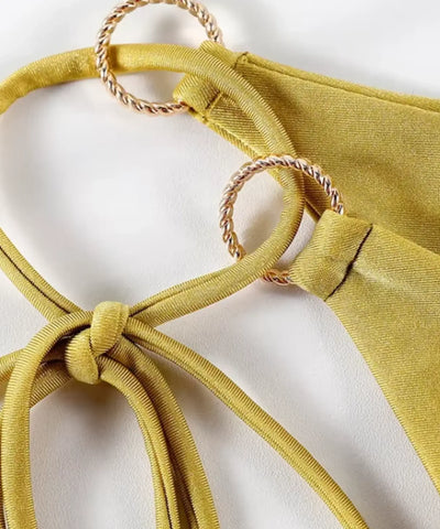 Comprar biquíni feminino com argola dourada poliamida franzido amarração lateral tanga barato