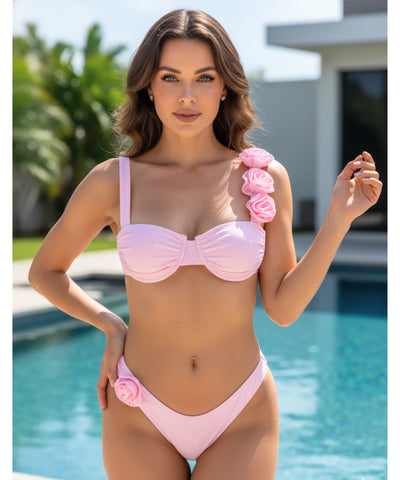 Comprar biquíni feminino fio dental com flores 3D poliamida bojo alças decoradas barato em promoção