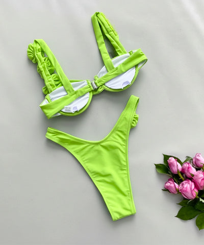 Comprar biquíni feminino fio dental com flores 3D poliamida bojo alças decoradas barato em promoção