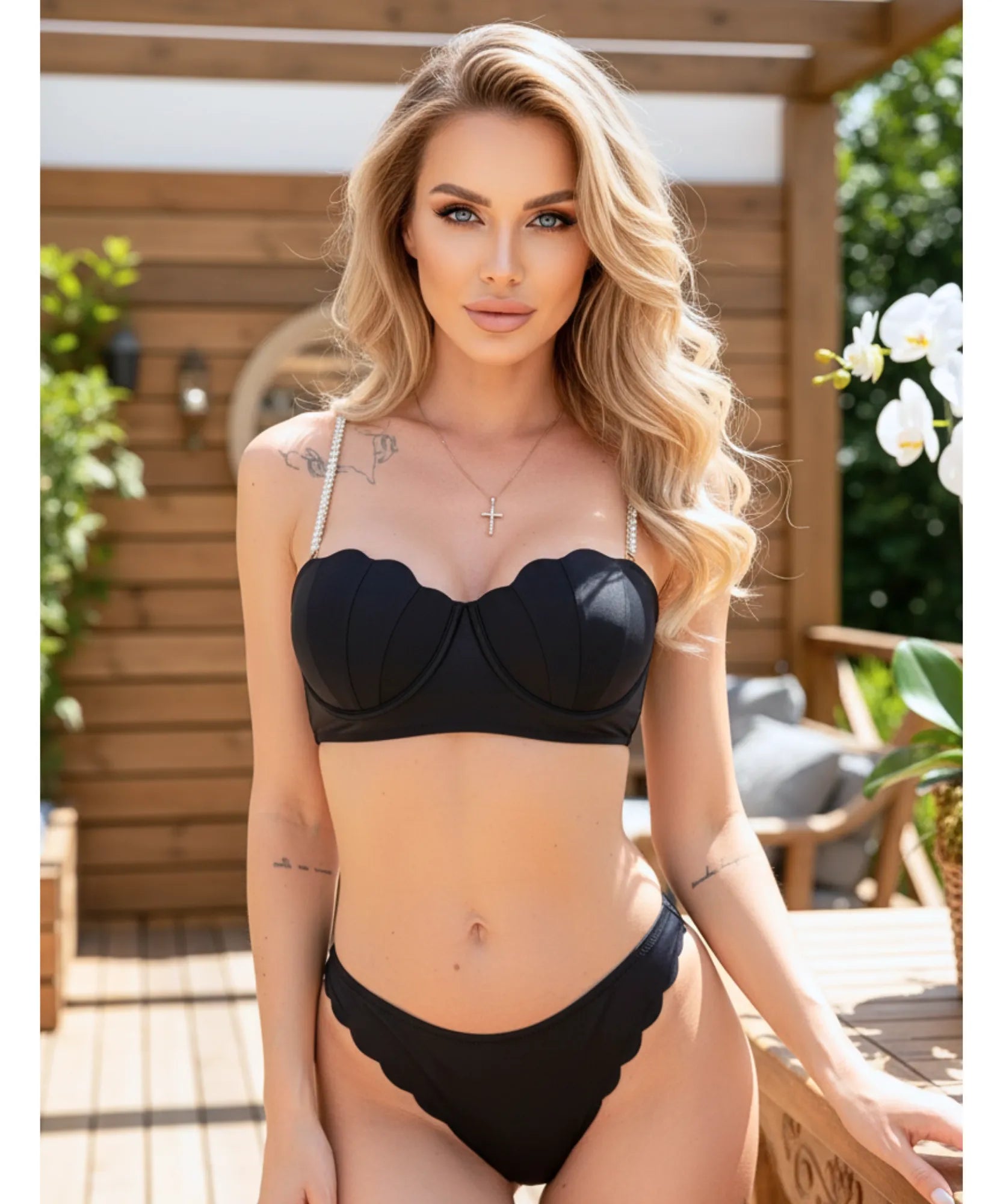 Comprar biquíni saída de praia 3 peças push up sustentação luxo verão barato promoção PRETO ANELLIMN


