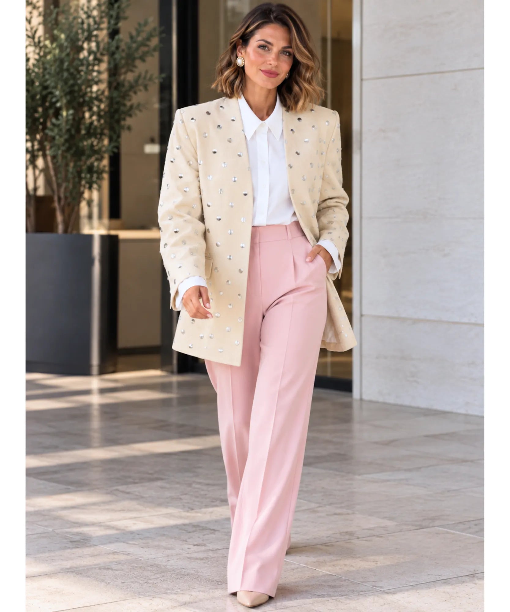 Comprar blazer bege feminino manga longa em promoção Anellimn