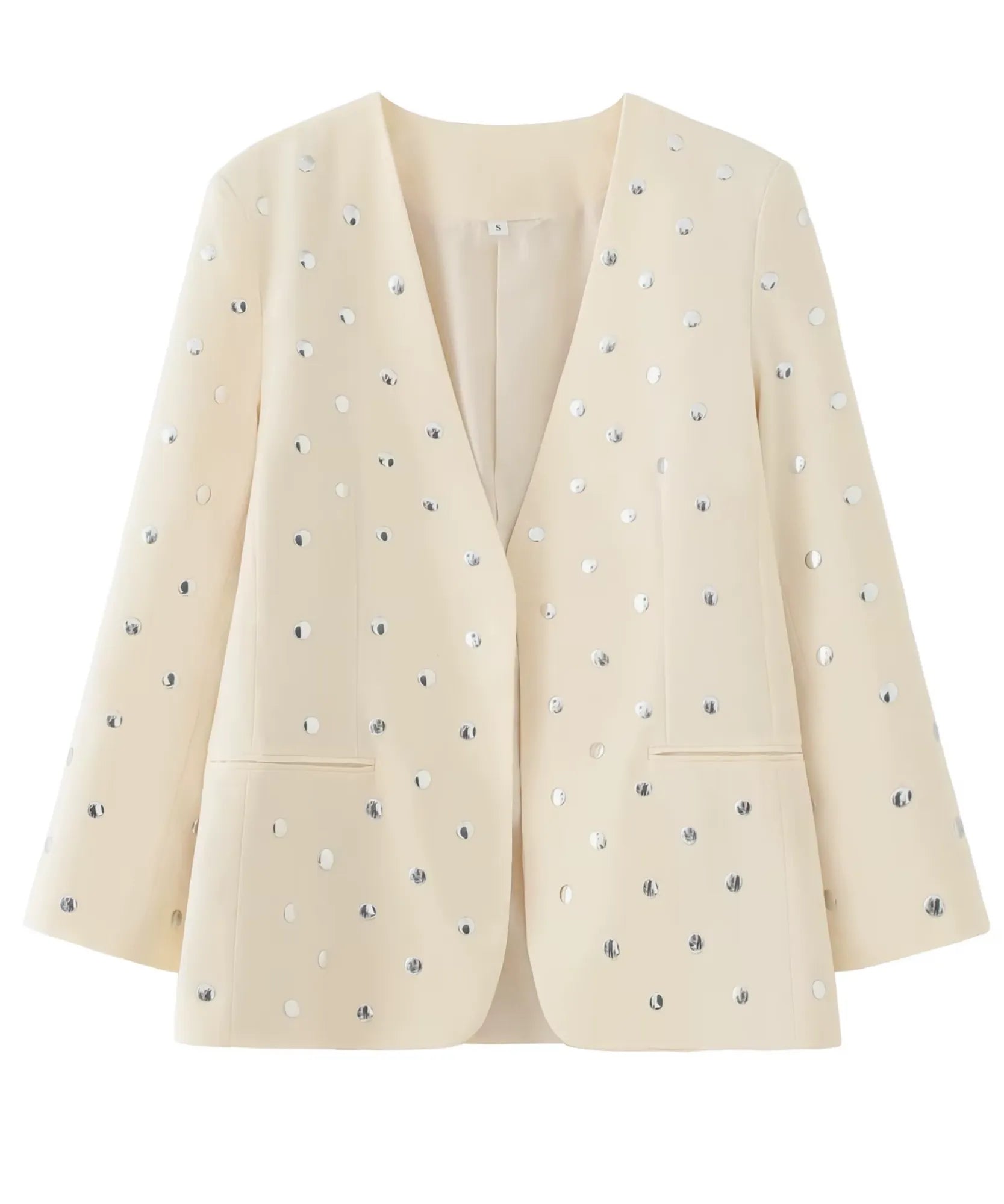 Comprar blazer bege feminino com tachas metalizadas em promoção Anellimn