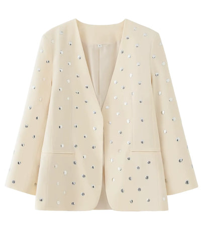 Comprar blazer bege feminino com tachas metalizadas em promoção Anellimn