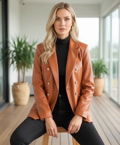 Comprar blazer de couro sintético feminino duplo botão dourado acinturado em promoção ZARA