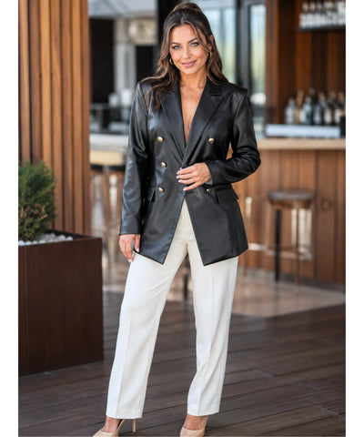 Comprar blazer de couro sintético feminino duplo botão dourado acinturado em promoção ANELLIMN