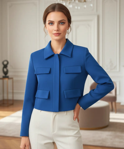 Comprar Blazer Feminino Alfaiataria Cropped Elegante com Bolsos azul ZARA
