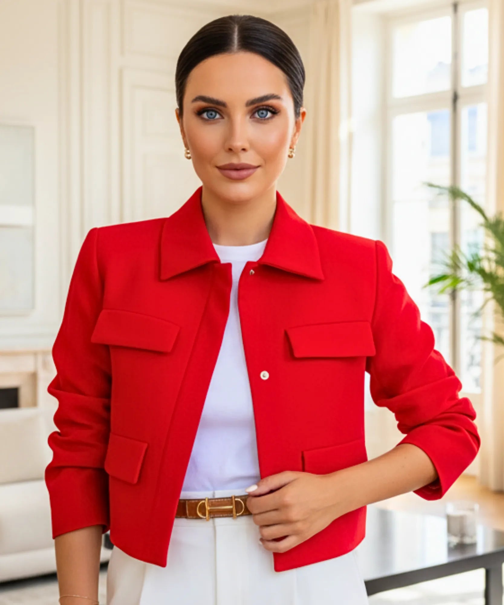 Comprar Blazer Feminino Alfaiataria Cropped Elegante com Bolsos vermelho ZARA
