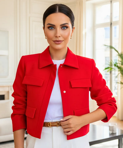 Comprar Blazer Feminino Alfaiataria Cropped Elegante com Bolsos vermelho ZARA
