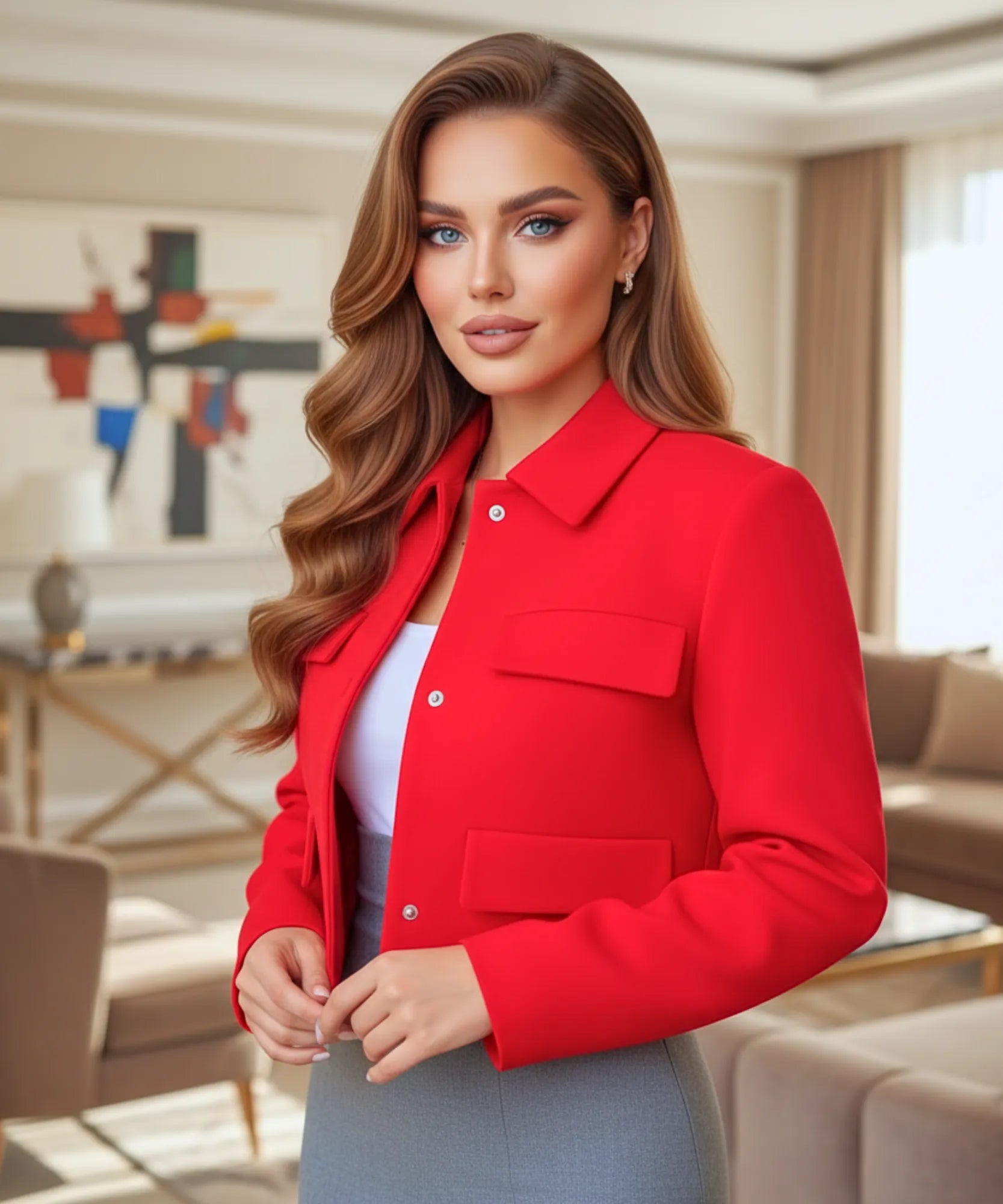 Comprar Blazer Feminino Alfaiataria Cropped Elegante com Bolsos vermelho ZARA
