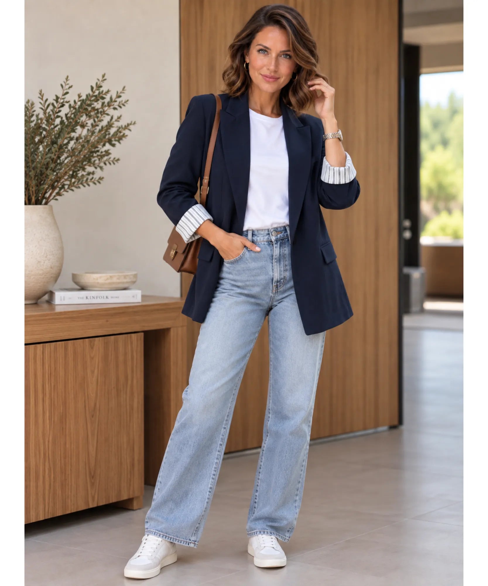 Blazer feminino alfaiataria linho manga 7/8 azul marinho, look casual com jeans
