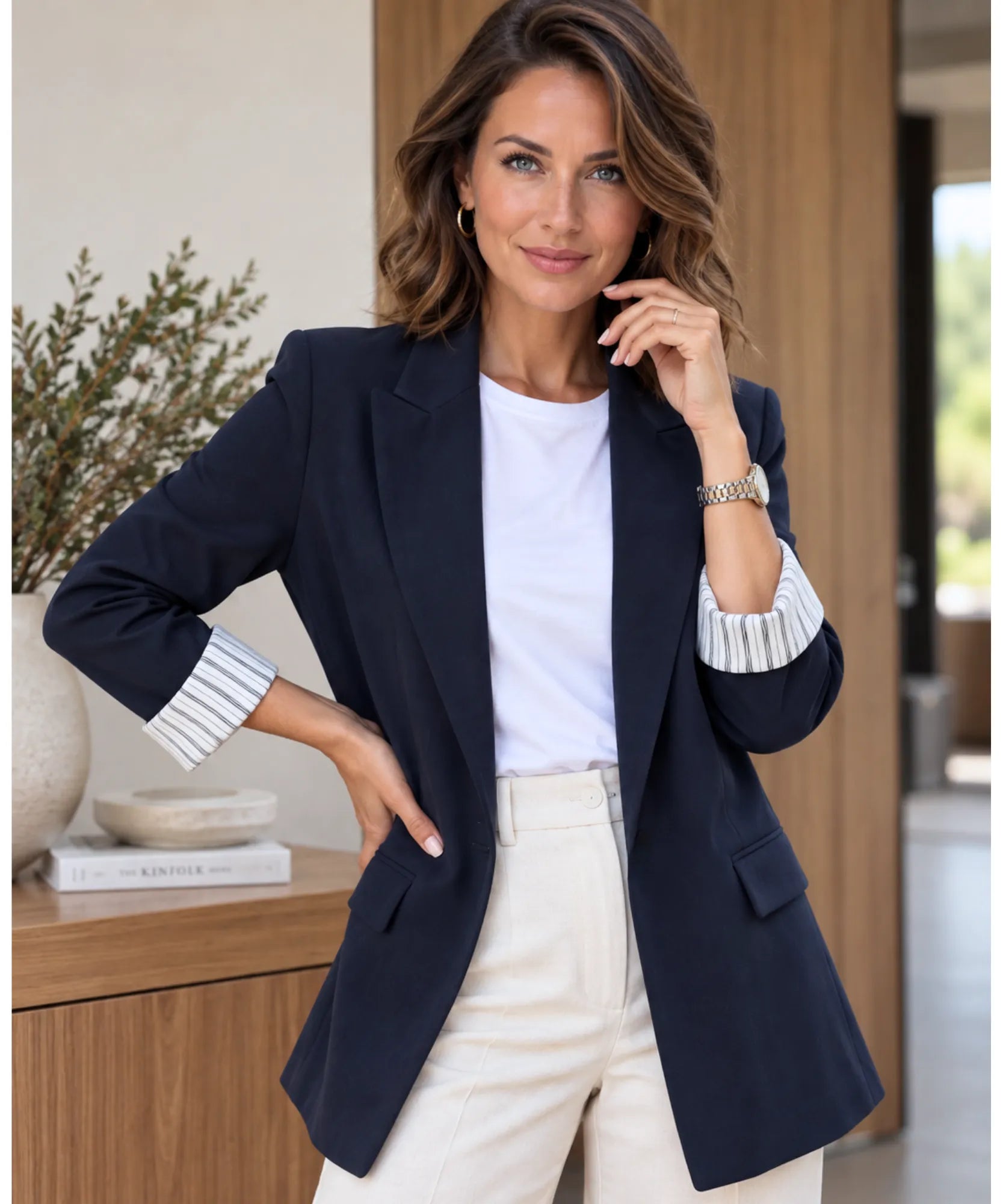 Blazer feminino alfaiataria linho manga 7/8 azul marinho, vista de frente