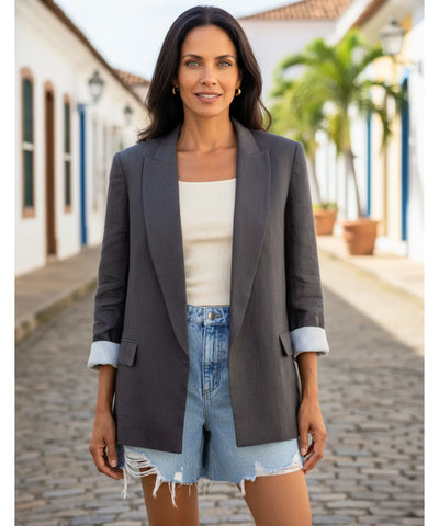 Blazer Feminino Alfaiataria Linho Manga 7/8 Elegante | Sofi