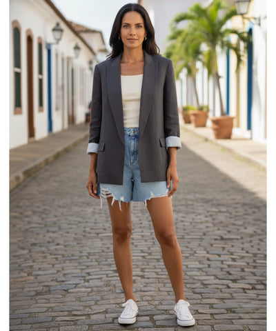 Blazer Feminino Alfaiataria Linho Manga 7/8 Elegante | Sofi