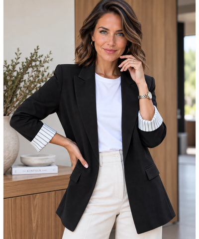 Blazer feminino alfaiataria linho manga 7/8 preto, vista de frente
