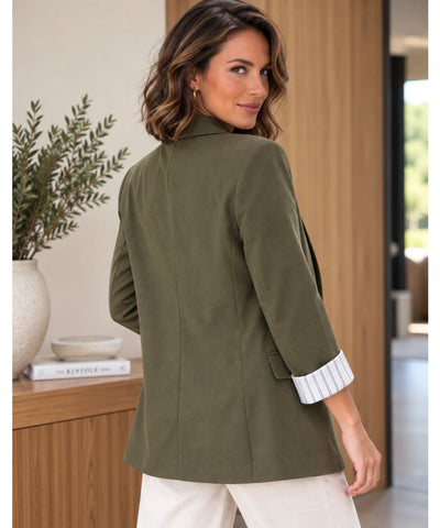 Blazer feminino alfaiataria linho manga 7/8 verde, vista de costas