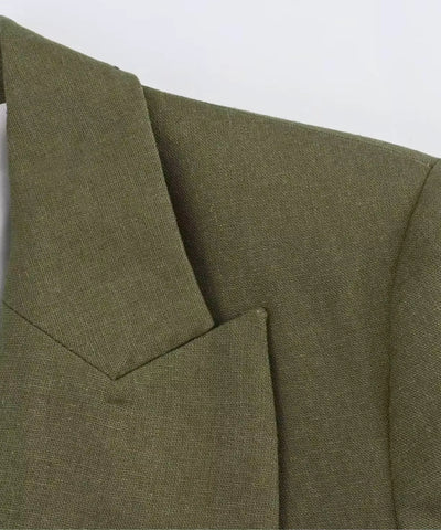 Blazer feminino alfaiataria linho manga 7/8 verde, detalhe da textura do tecido