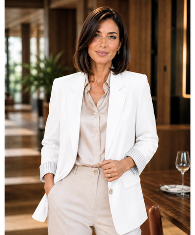 Comprar blazer feminino alfaiataria linho manga 7/8 alongado elegante trabalho escritório em promoção  ANELLIMN 
