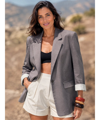 Comprar blazer feminino alfaiataria linho manga 7/8 alongado elegante trabalho escritório em promoção  ANELLIMN 