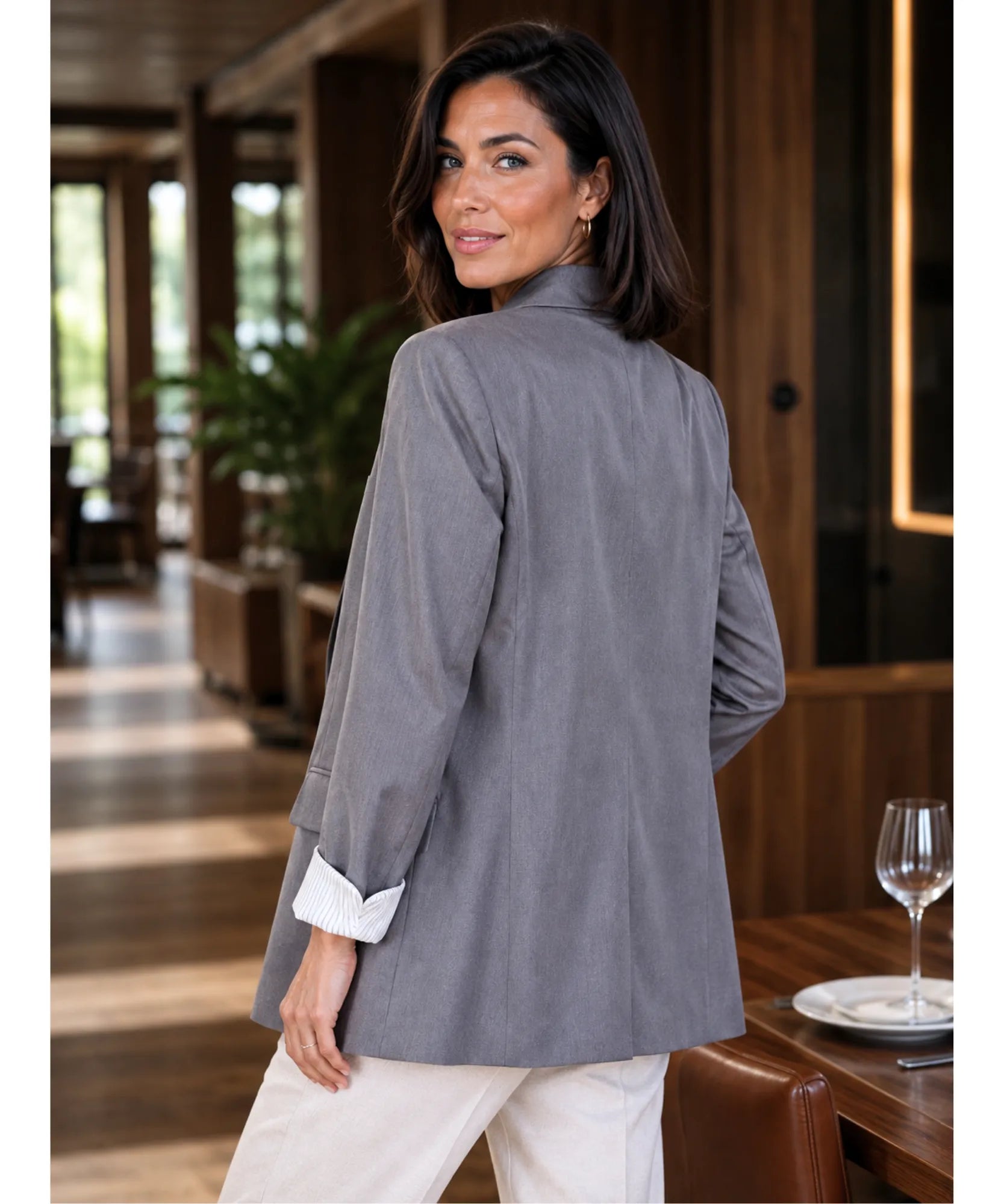 Comprar blazer feminino alfaiataria linho manga 7/8 alongado elegante trabalho escritório em promoção  ANELLIMN 