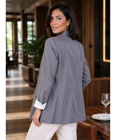 Comprar blazer feminino alfaiataria linho manga 7/8 alongado elegante trabalho escritório em promoção  ANELLIMN 