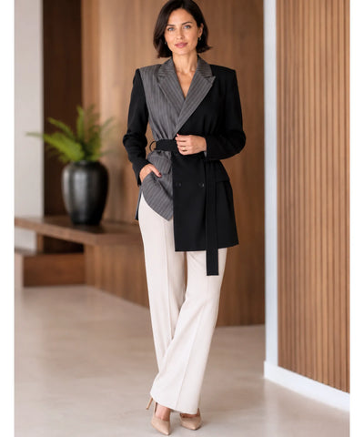 Comprar blazer feminino alfaiataria risca de giz oversized com cinto transpassado modelagem moderna em promoção ANELLIMN