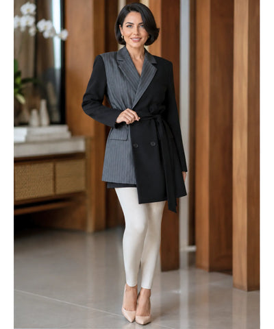 Comprar blazer feminino alfaiataria risca de giz oversized com cinto transpassado modelagem moderna em promoção ANELLIMN