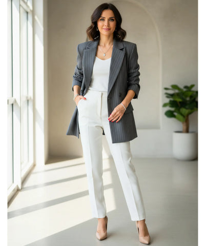 Blazer Feminino Alfaiataria Risca de Giz Oversized Cinza | Anna