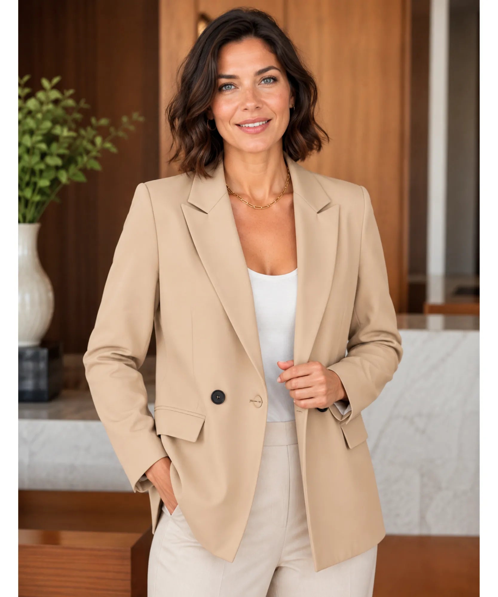 Comprar blazer feminino alfaiataria transpassado com botões duplos forro elegante trabalho executivo barato ou em promoção ANELLIMN 