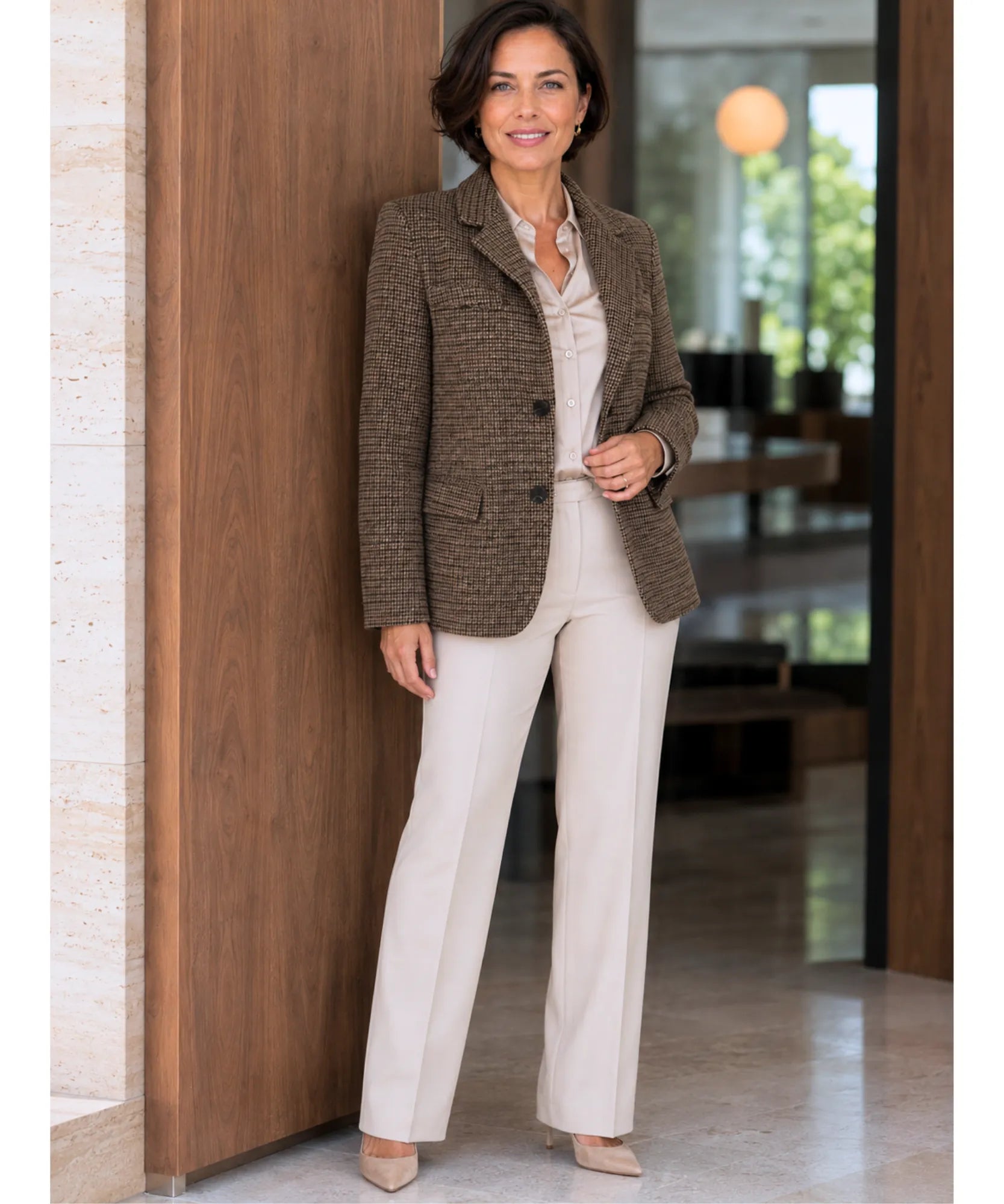 Comprar blazer feminino alfaiataria tweed xadrez marrom barato Anellimn