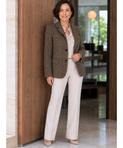 Comprar blazer feminino alfaiataria tweed xadrez marrom barato Anellimn