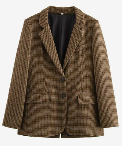 Comprar blazer feminino alfaiataria tweed xadrez marrom em promoção Anellimn