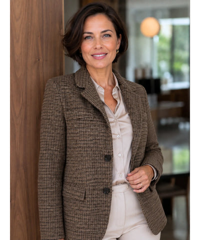 Comprar blazer feminino alfaiataria tweed xadrez marrom barato Anellimn