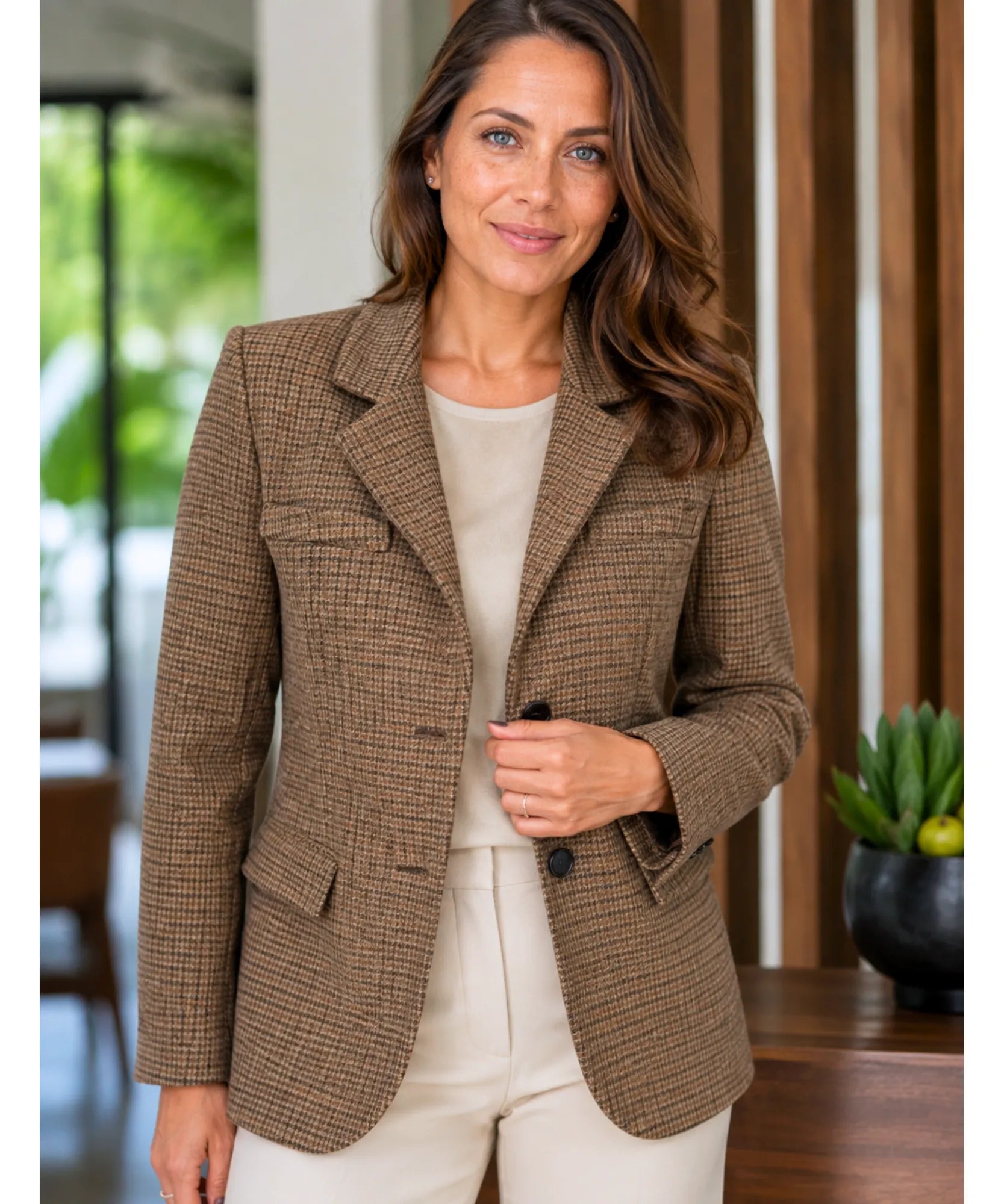 Comprar blazer feminino alfaiataria tweed xadrez marrom em promoção Anellimn