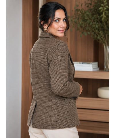 Comprar blazer feminino alfaiataria tweed xadrez marrom em promoção Anellimn