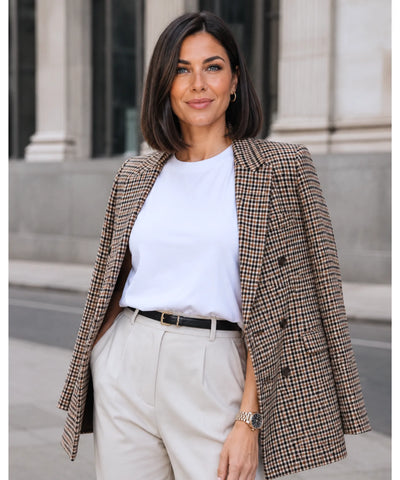 Comprar blazer feminino alfaiataria xadrez com forro estruturado e botões elegantes para escritório trabalho em promoção ANELLIMN 