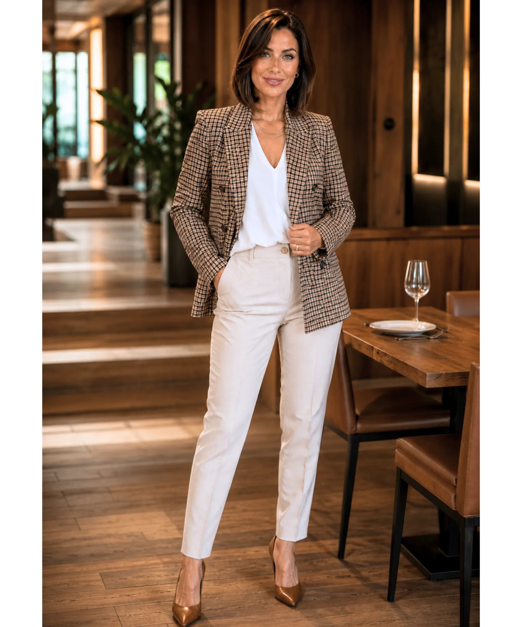 Comprar blazer feminino alfaiataria xadrez com forro estruturado e botões elegantes para escritório trabalho em promoção ANELLIMN 