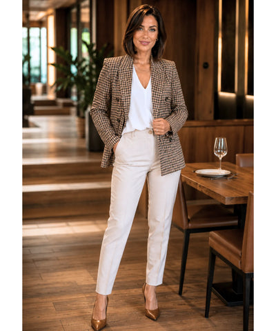 Comprar blazer feminino alfaiataria xadrez com forro estruturado e botões elegantes para escritório trabalho em promoção ANELLIMN 