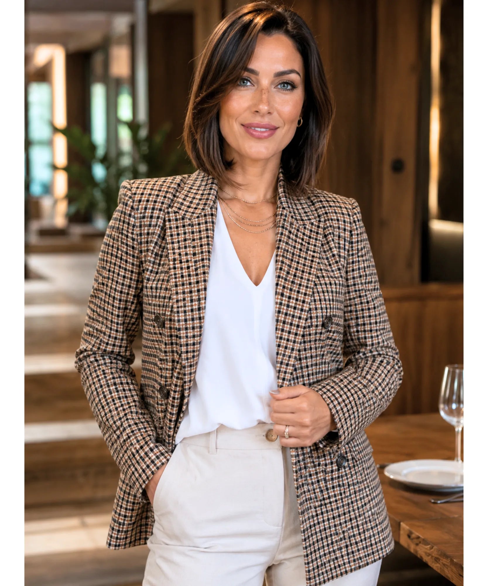 Comprar blazer feminino alfaiataria xadrez com forro estruturado e botões elegantes para escritório trabalho em promoção ANELLIMN 