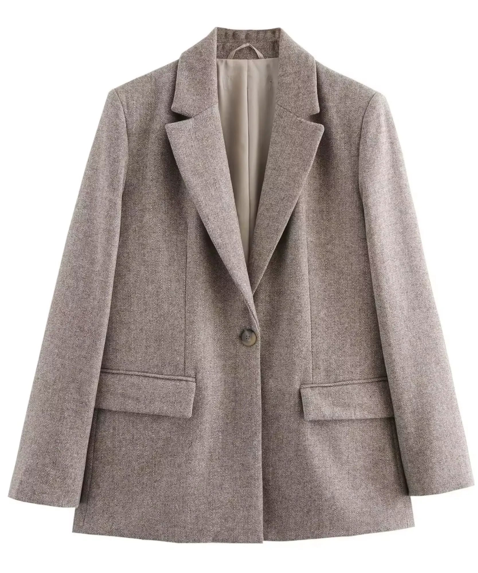 Comprar blazer feminino estruturado alfaiataria forrado bege em promoção Anellimn