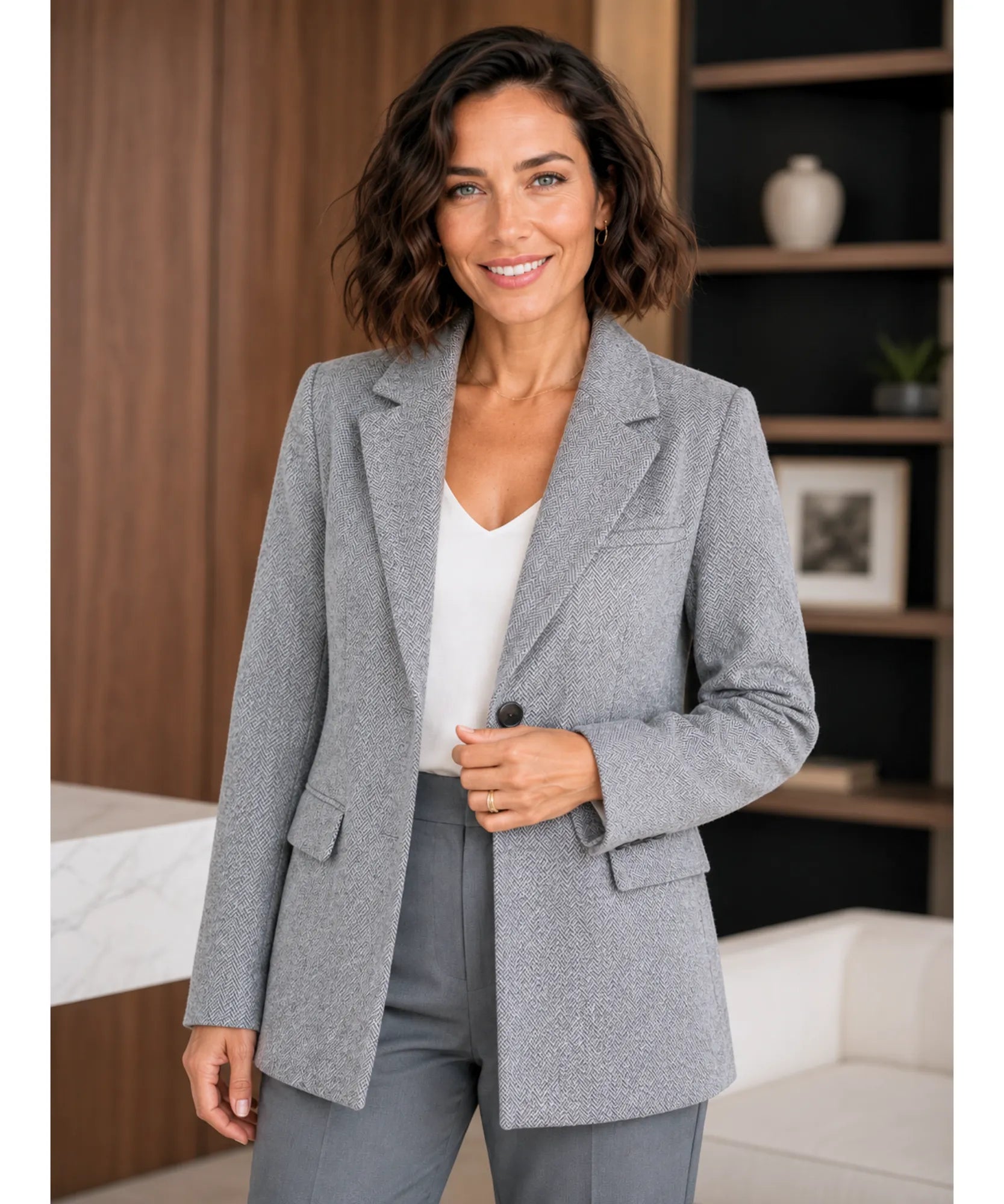 Comprar blazer feminino estruturado gola alfaiate cinza em promoção Anellimn