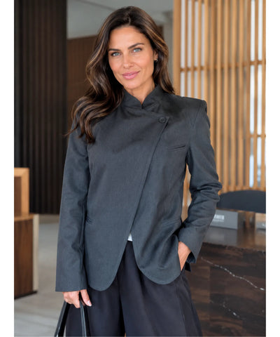 Comprar blazer feminino gola alta cinza em promoção Anellimn